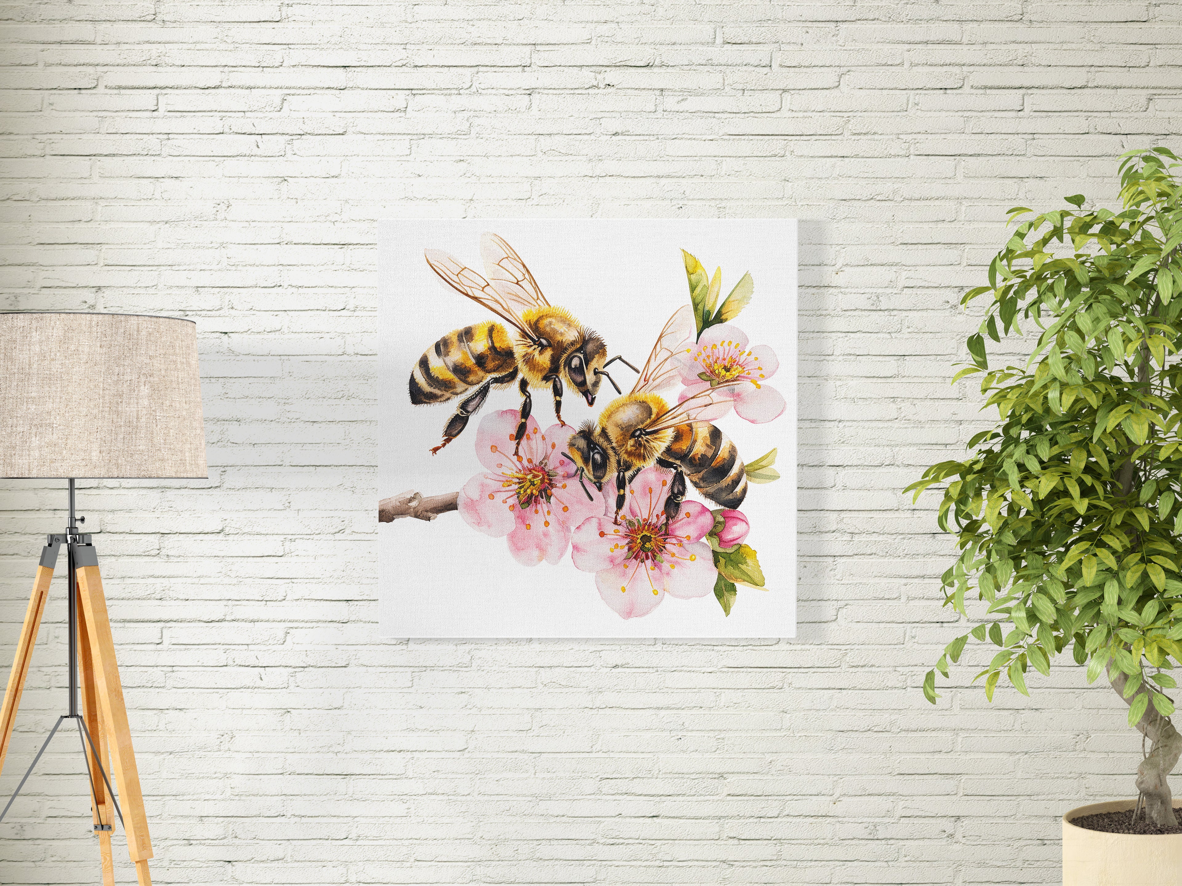 Honey Bees On Cherry Blossom Nature Canvas Wall Art Print