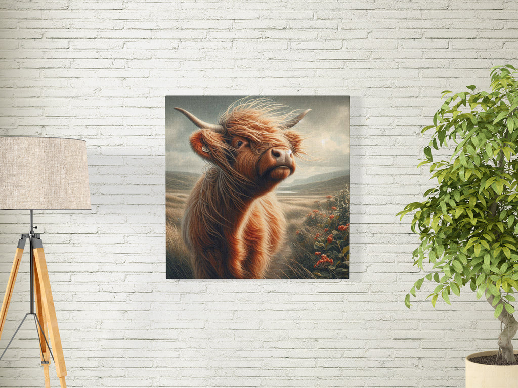 Scottish Highland Cow Scenic Square Canvas Print Wall Art