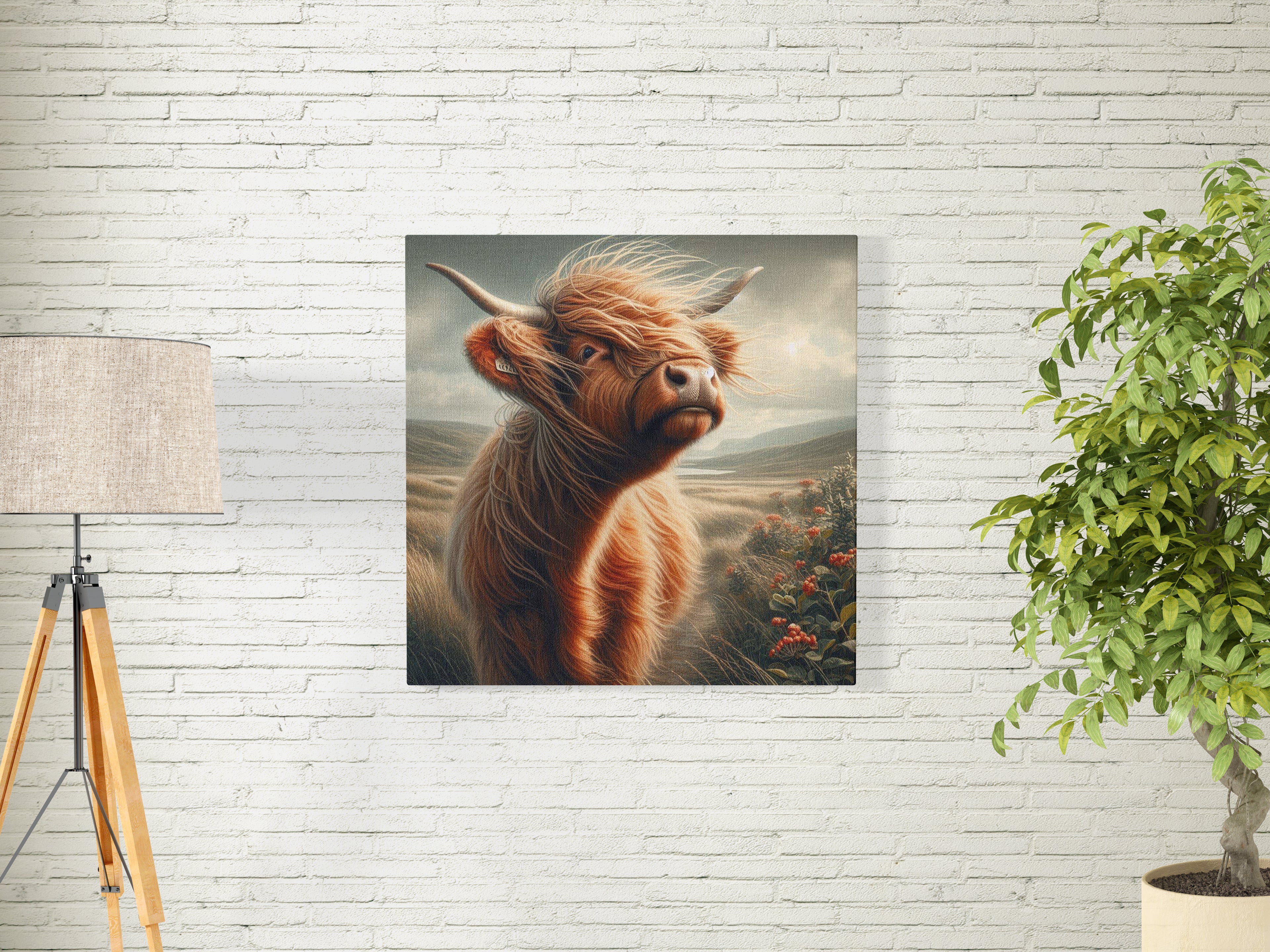 Scottish Highland Cow Scenic Square Canvas Print Wall Art