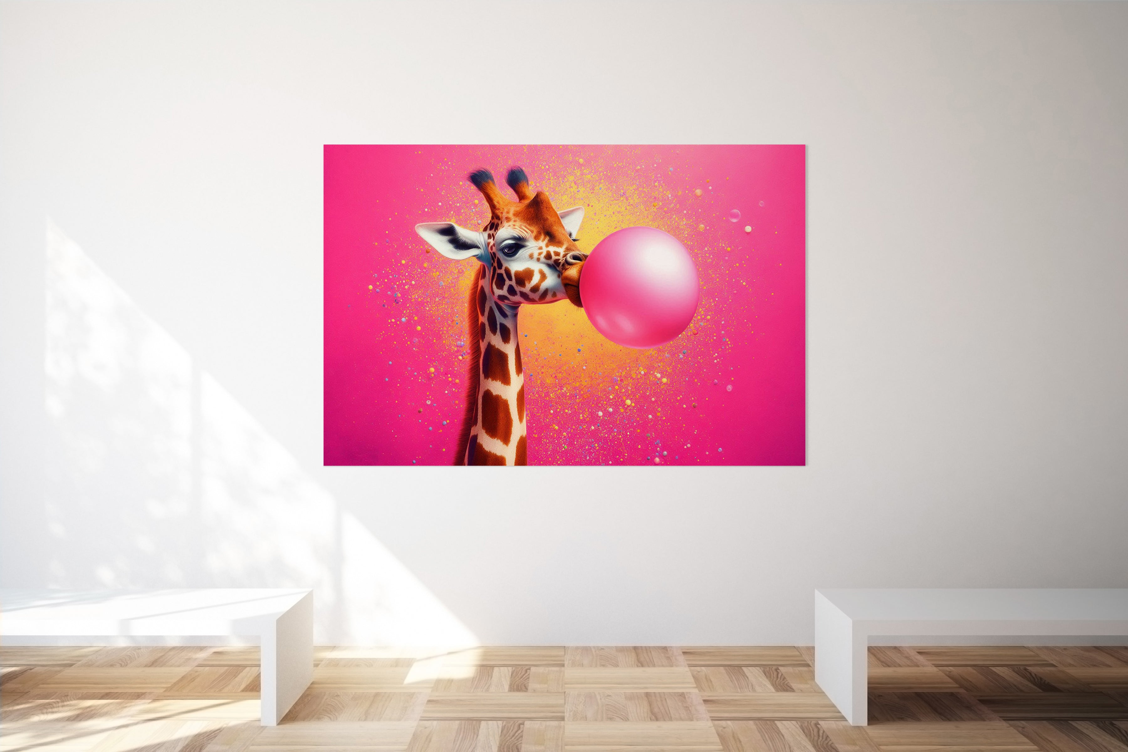 Giraffe Blowing Pink Bubble Gum Canvas Print Wall Art