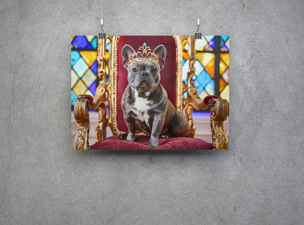 French Bulldog Sat on Throne Wearing a Crown Canvas Wall Art Print