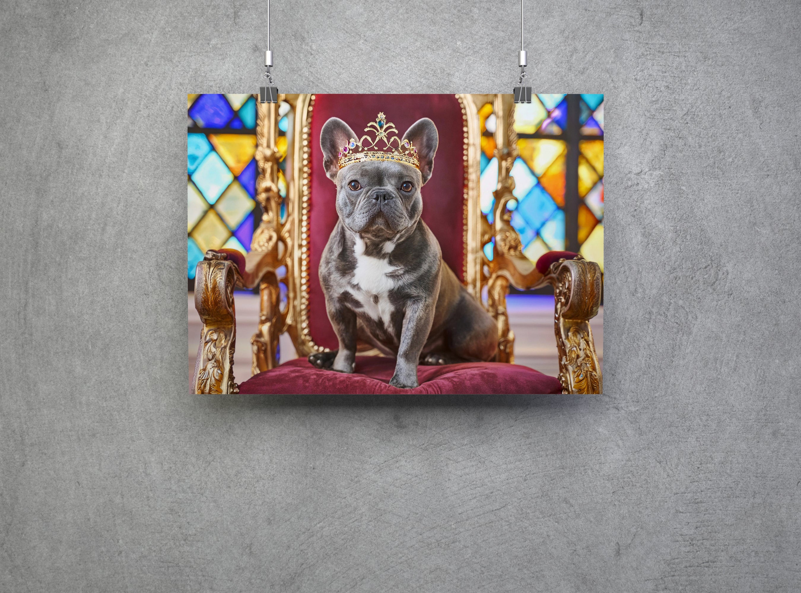French Bulldog Sat on Throne Wearing a Crown Canvas Wall Art Print