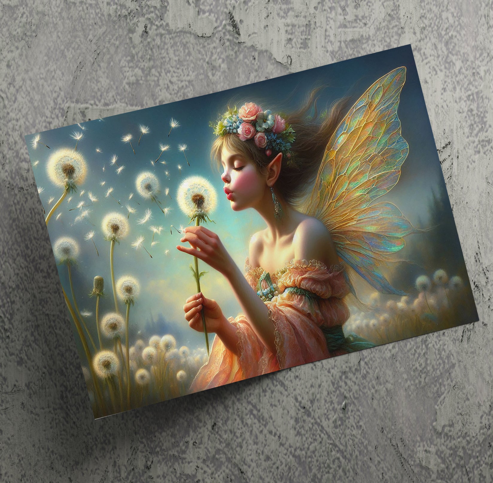 Fantasy Fairy Blowing a Dandelion Wall Art Canvas Print