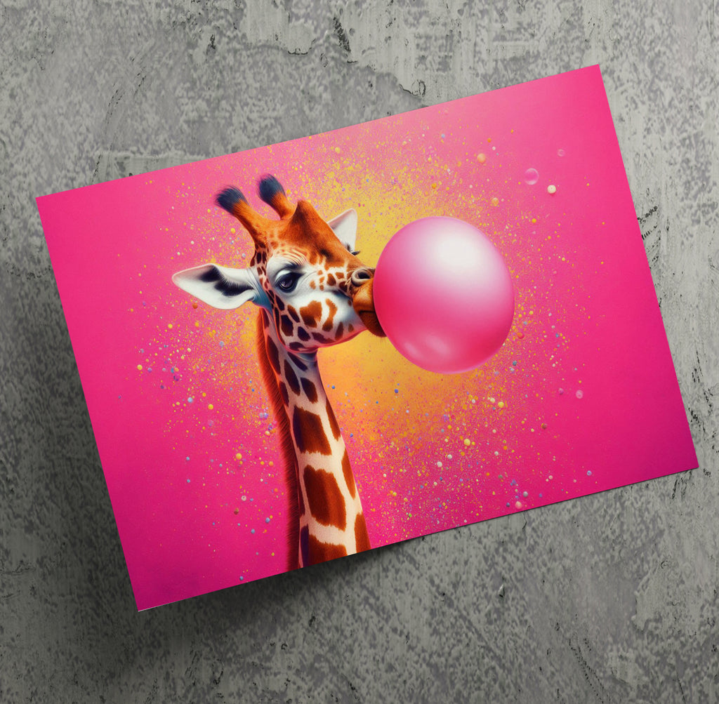 Giraffe Blowing Pink Bubble Gum Canvas Print Wall Art