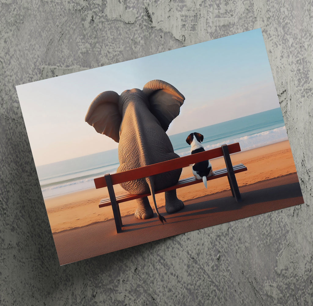 Elephant and Dog Sat At The Beach Canvas Print Wall Art