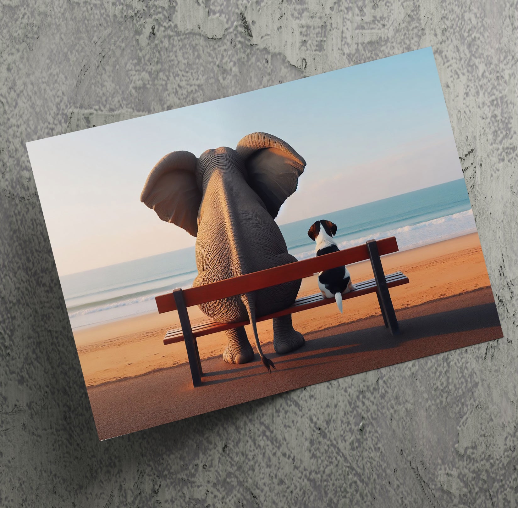 Elephant and Dog Sat At The Beach Canvas Print Wall Art