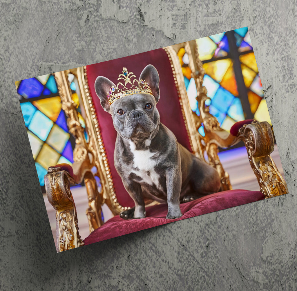 French Bulldog Sat on Throne Wearing a Crown Canvas Wall Art Print