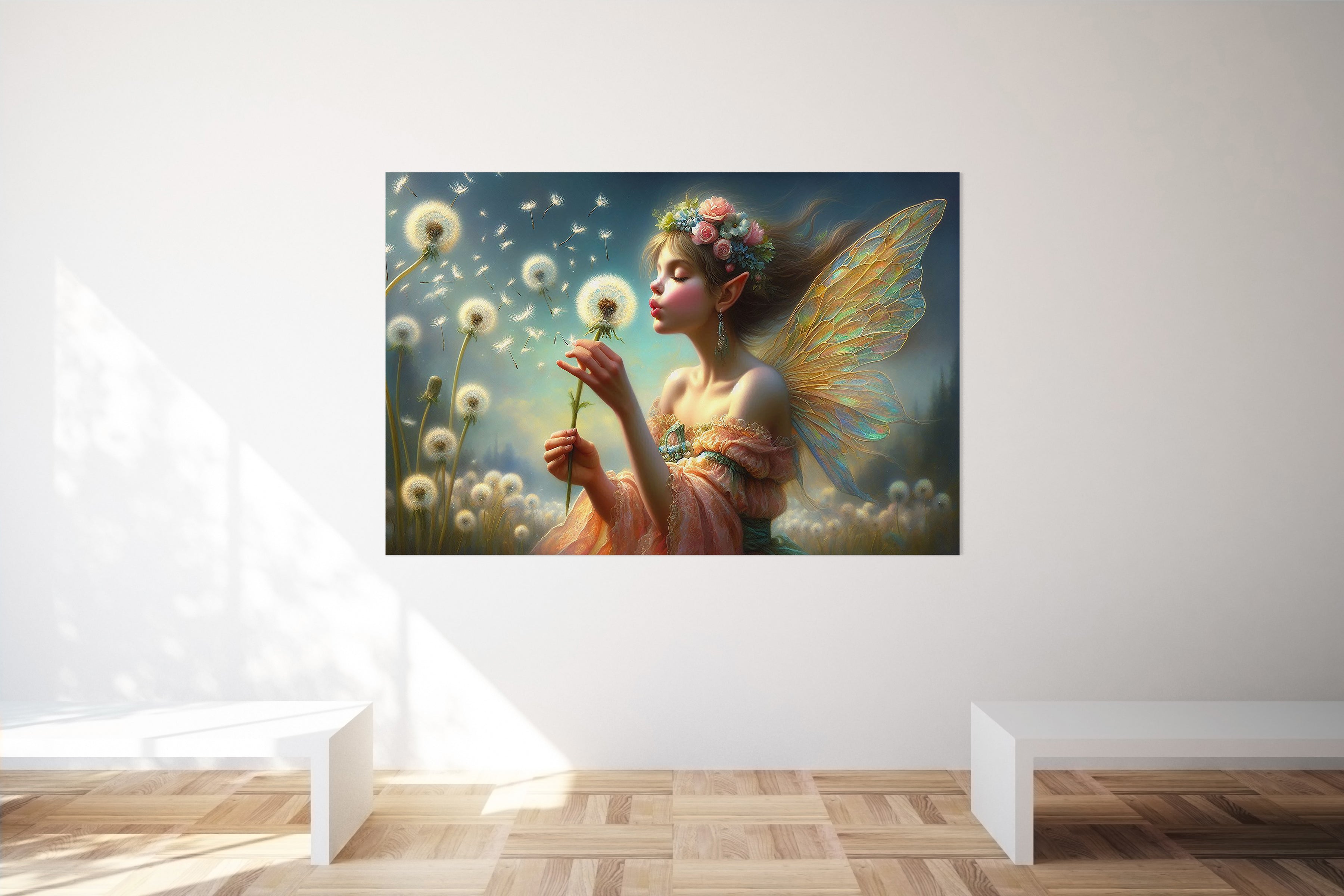 Fantasy Fairy Blowing a Dandelion Wall Art Canvas Print