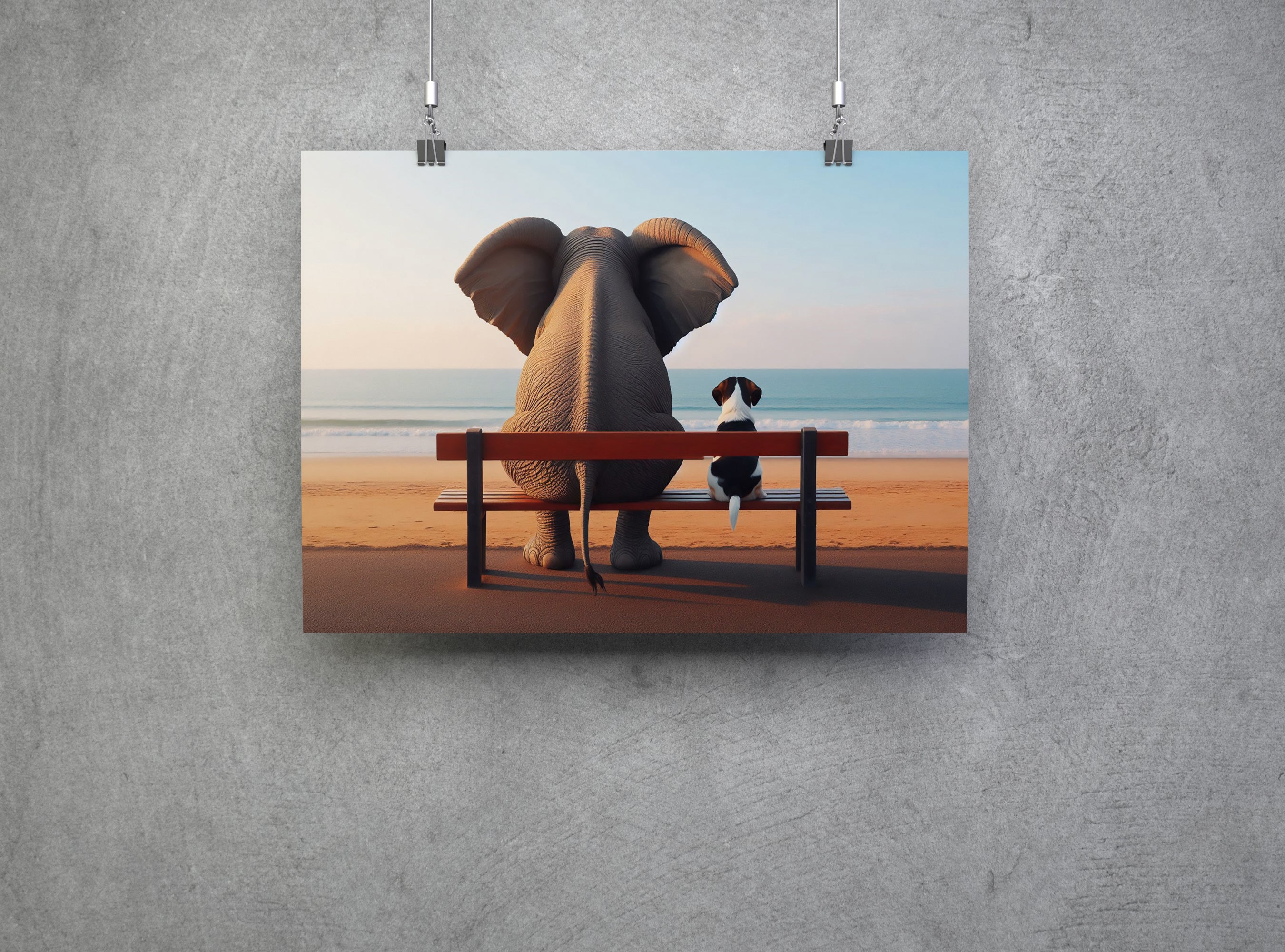 Elephant and Dog Sat At The Beach Canvas Print Wall Art