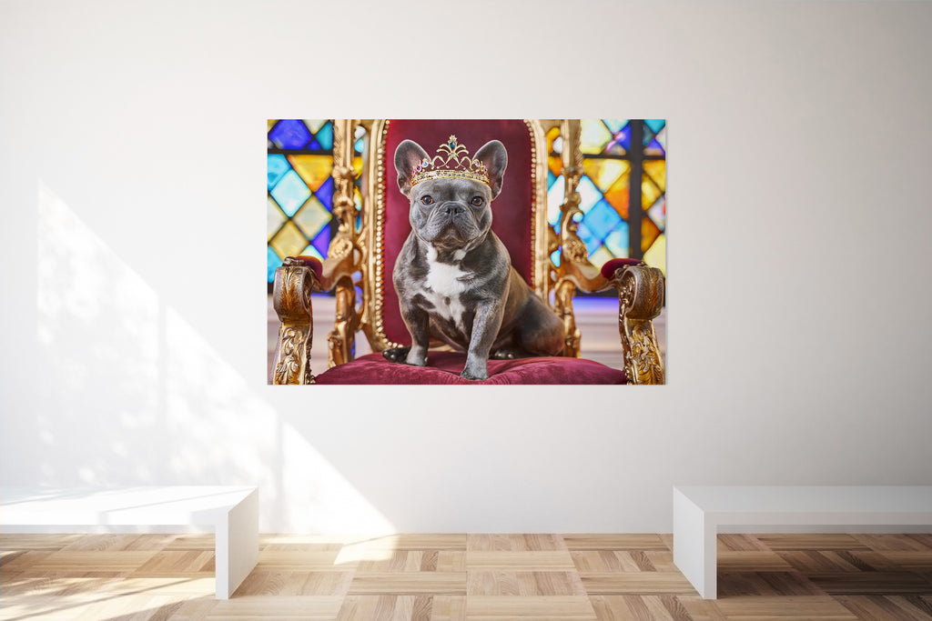 French Bulldog Sat on Throne Wearing a Crown Canvas Wall Art Print