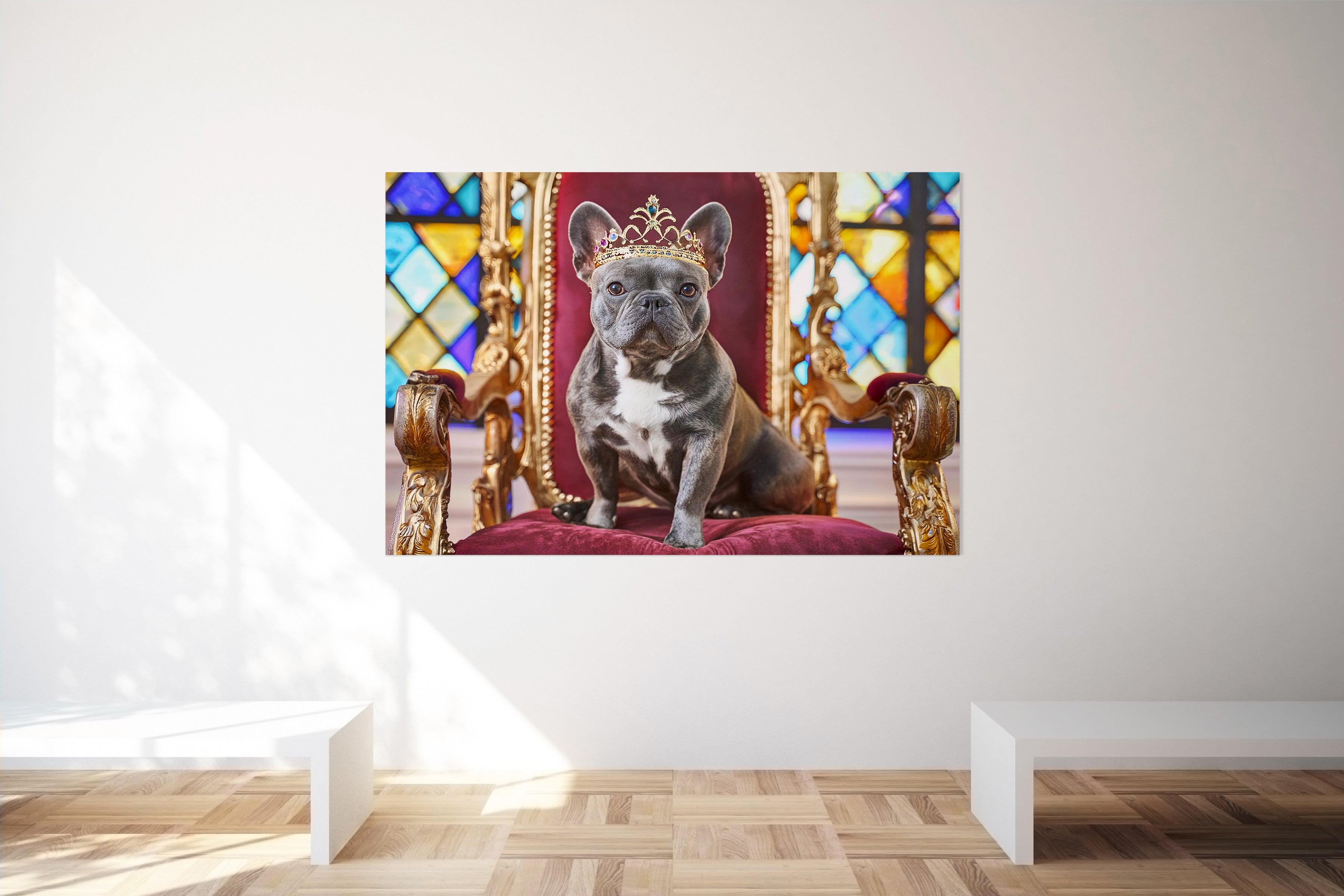 French Bulldog Sat on Throne Wearing a Crown Canvas Wall Art Print