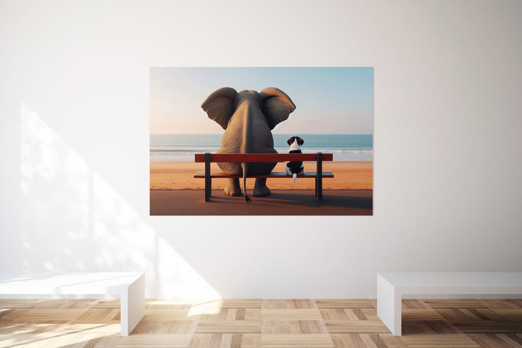 Elephant and Dog Sat At The Beach Canvas Print Wall Art