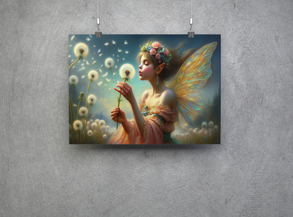 Fantasy Fairy Blowing a Dandelion Wall Art Canvas Print