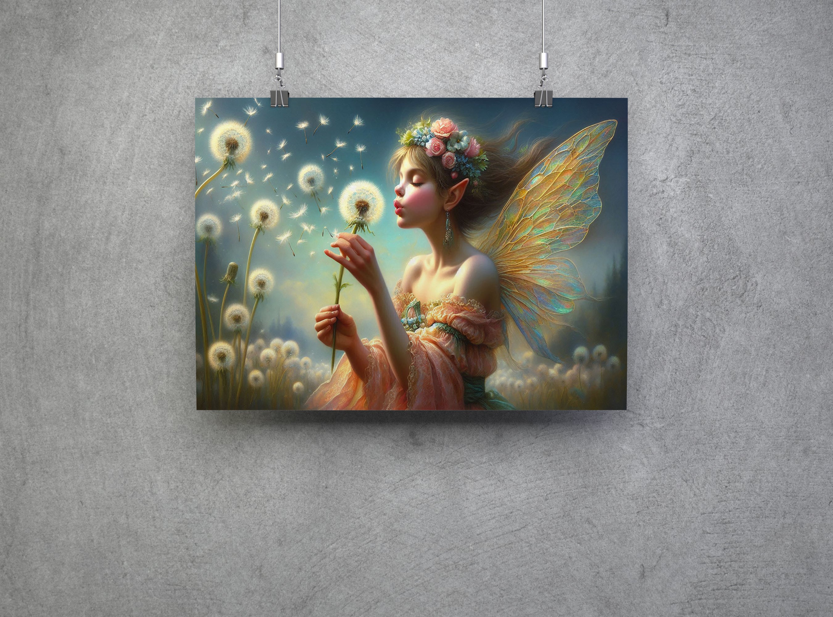 Fantasy Fairy Blowing a Dandelion Wall Art Canvas Print