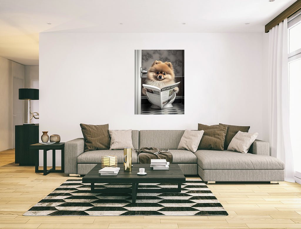 Pomeranian Reading Paper On Toilet Funny Canvas Print Wall Art