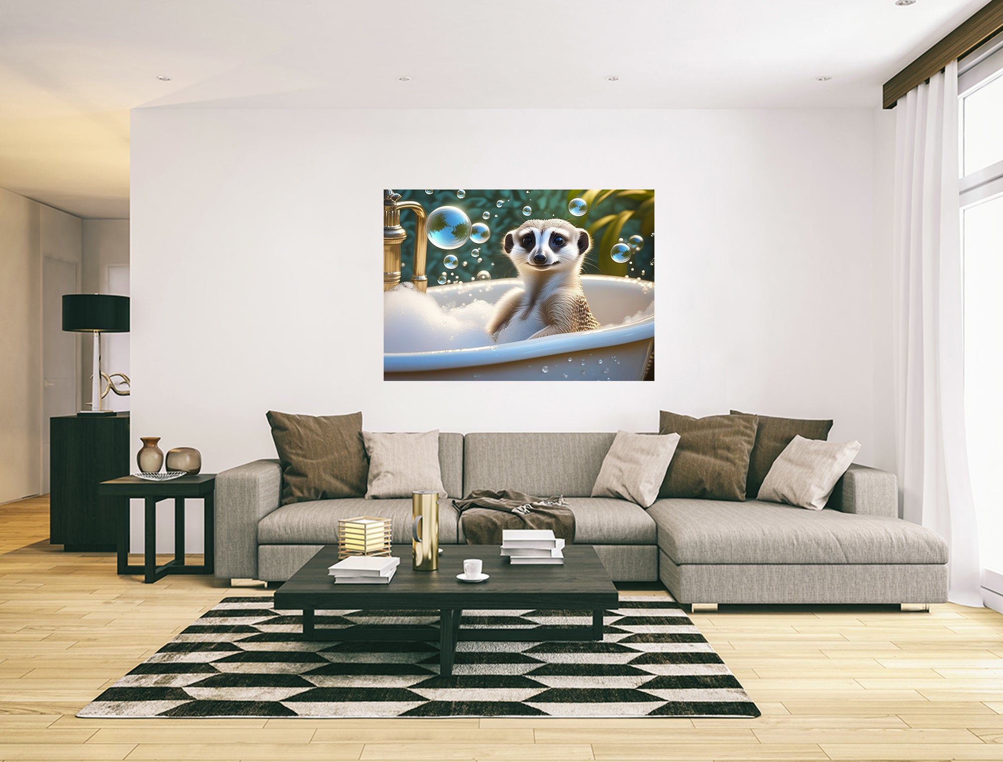 Cute Meerkat Sat In Bubble Bath Bathroom Wall Art