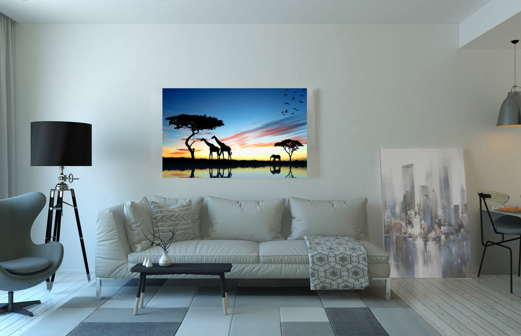 Giraffe Silhouettes African Sunset Landscape Wall Art