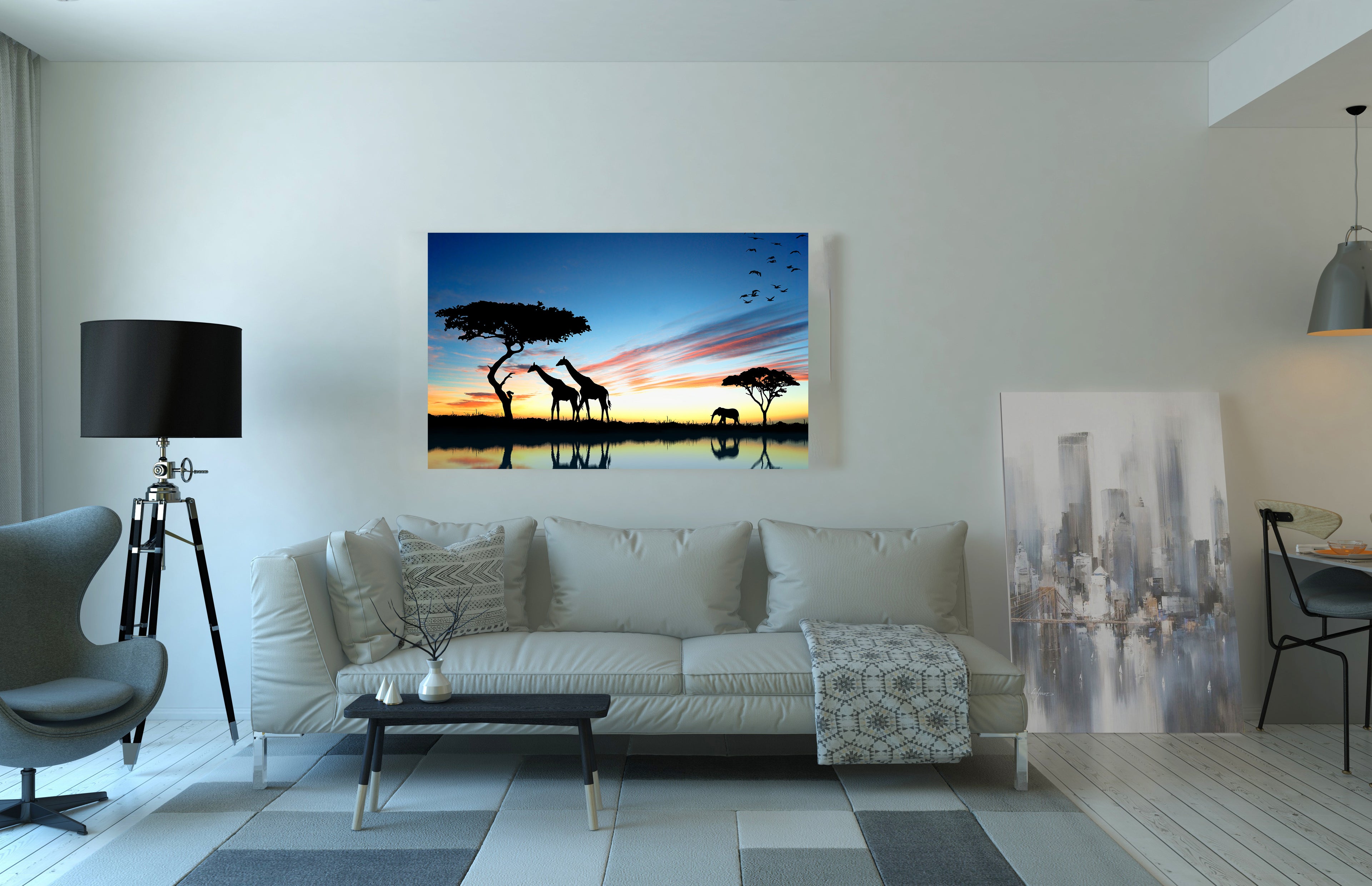 Giraffe Silhouettes African Sunset Landscape Wall Art