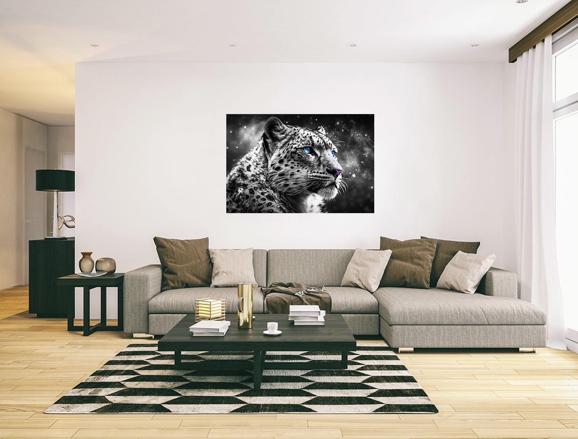 Black and White Big Cat Snow Leopard Face Wall Art Canvas Print