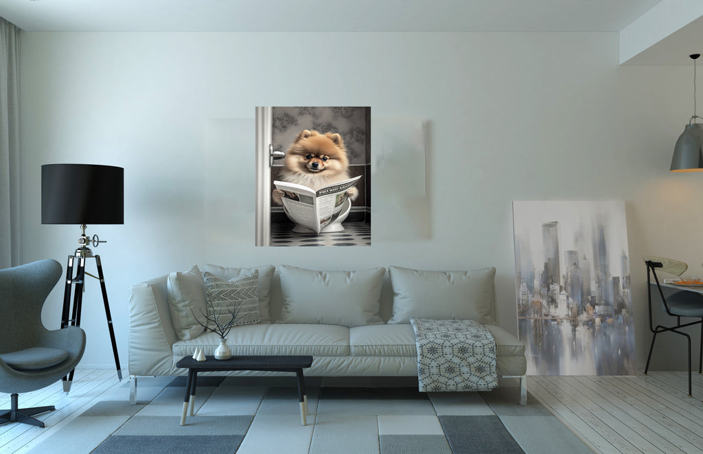 Pomeranian Reading Paper On Toilet Funny Canvas Print Wall Art