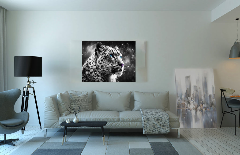Black and White Big Cat Snow Leopard Face Wall Art Canvas Print