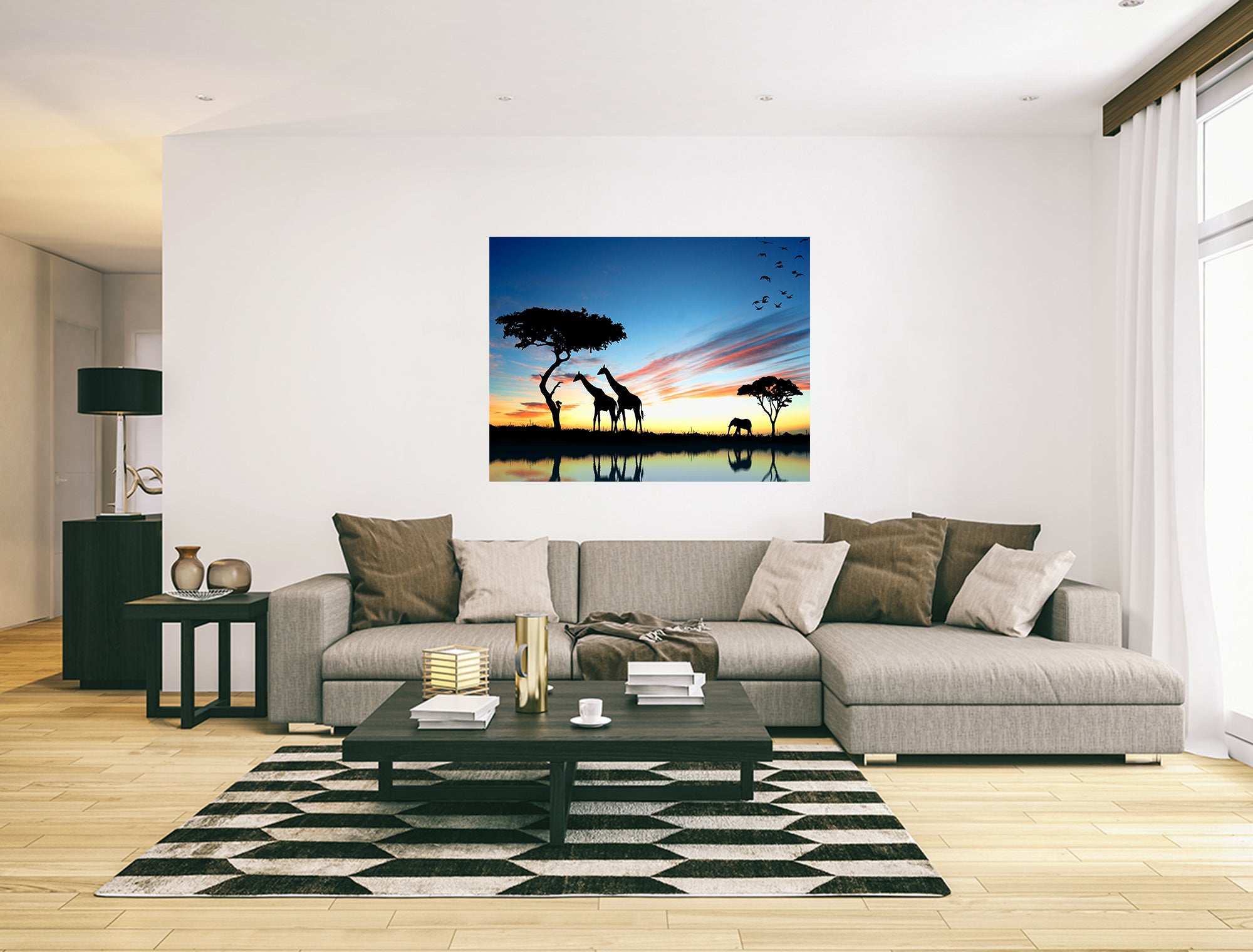 Giraffe Silhouettes African Sunset Landscape Wall Art